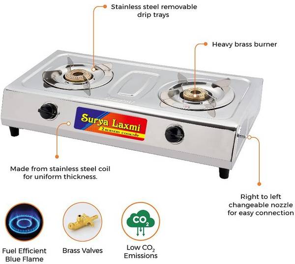 SURYALAXMI TWO BURNER STAINLESS STEEL GAS STOVE | MANUAL IGNITION | FREE GAS LIGHTER | Stainless Steel Manual Gas Stove