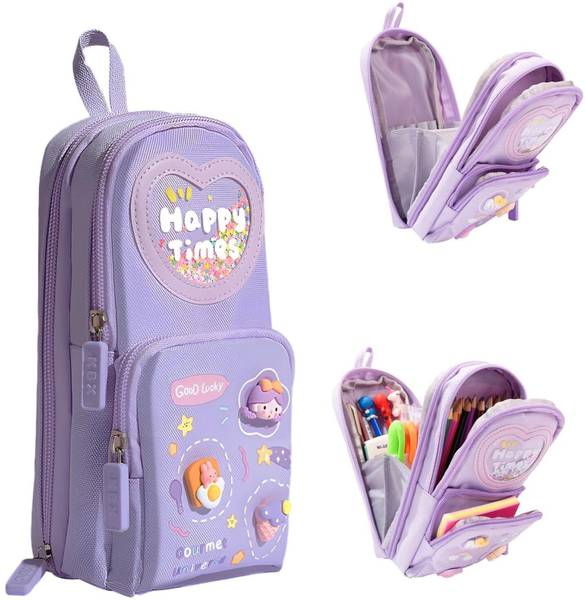 EasyTac Pencil Pouch School Stationery Large Capacity Pouch for kids with 3 Sticker Geometry Box