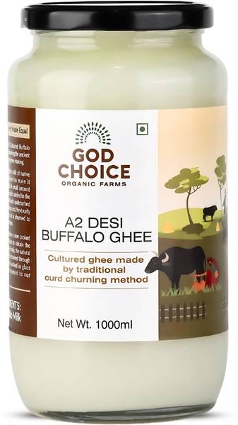 God Choice Organic Farms Pure & Organic A2 Desi Buffalo Ghee 1 KG | Bilona Method | Curd Churned Buffalo Ghee Glass Bottle