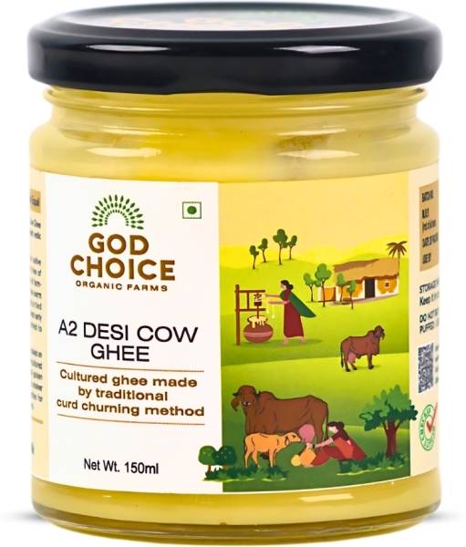 God Choice Organic Farms Pure & Organic A2 Desi Cow Ghee 150 ml | Bilona Method | Curd Churned Cow Ghee Ghee 150 g Glass Bottle