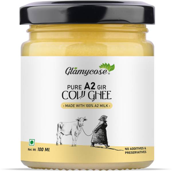 Glamycose Natural A2 Desi Gir Cow Ghee Hand Churned and Gluten Free With Healthy Fats Ghee 100 ml Glass Bottle