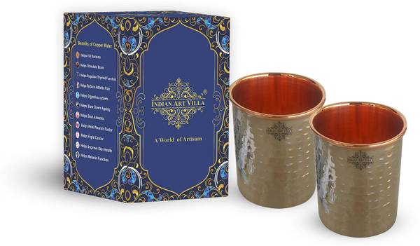 IndianArtVilla (Pack of 2) Classic Steel Copper Hammered Design Glass Glass Set Water/Juice Glass