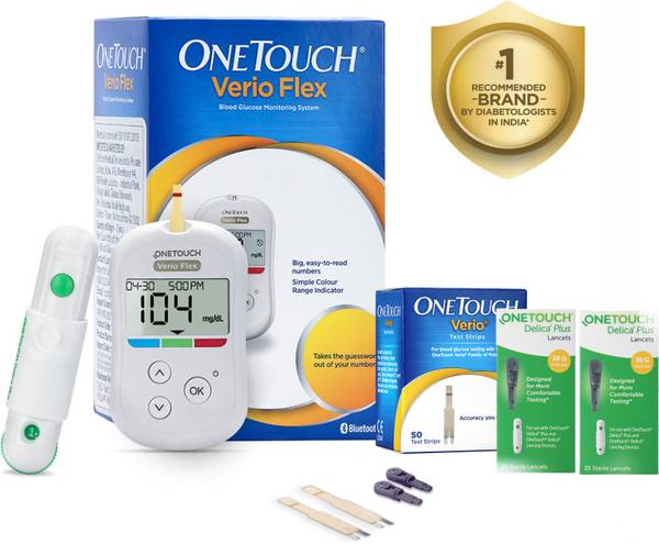 OneTouch Verio Flex Blood Glucose Monitor with 50's Verio strips with 50 Delica Plus Lancets Glucometer