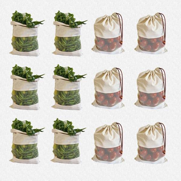 FAB ELLITE Cotton Vegetable Sabji Bag Kitchen Veg Freez Storage Pouch for Fridge Washable Pack of 12 Grocery Bags