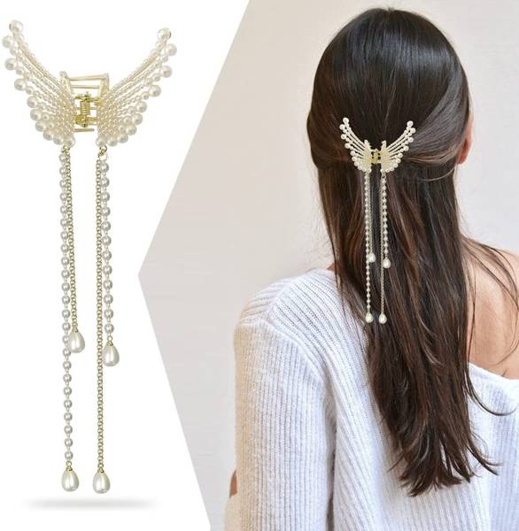 Blubby White Pearl Butterfly Metal Hair Clutcher for Women Girls Hair Claw