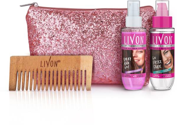 LIVON Anti Frizz Hair Serum & Shake & Spray Serum with Glitter Pouch & Neem Comb