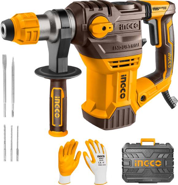 INGCO Rotary Hammer 1500W with Gloves Drills Chisels Carbon Brushes SDS Plus Chuck System, Anti-vibration Rotary Hammer Drill