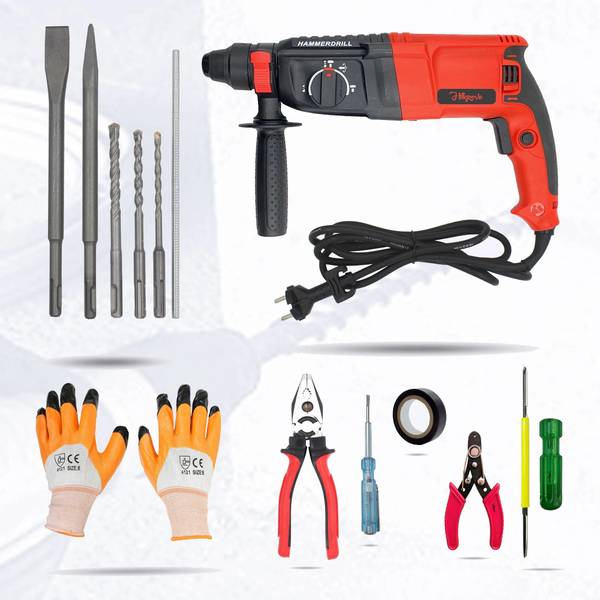 Hillgrove HGCM31M1 26mm Hammer Drill Machine Forward/Reverse Rotaion with Hand Tool Kit 5Pcs SDS Plus Drill Bit Set For Making Holes in Metal/Wood/Con...