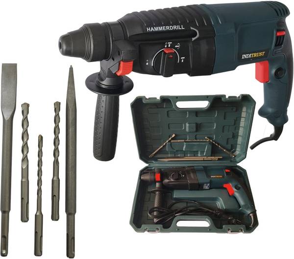 Inditrust New 1250W 26mm hammer drill BLUE with SDS drill bits and chisels 6 MONTHS WARRANTY Pistol Grip Drill