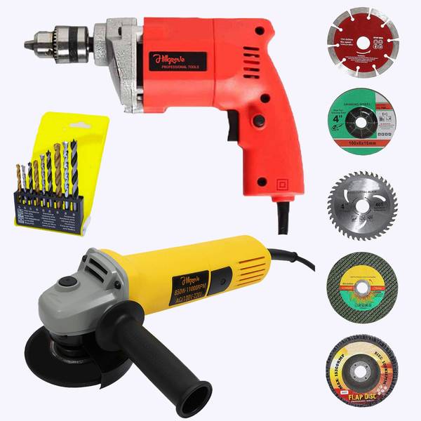Hillgrove HGCM1366M1 100% Copper Winding 10mm Drill Gun Drilling Machine Kit Set with HGCM1366M1 4inch Hand Angle Grinder Wall Cutter Grinding Glender...