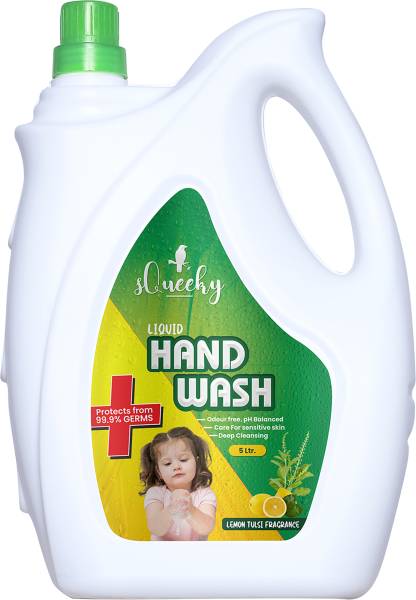 SQUEEKY Handwash Liquid - 5 Ltr | Lemon & Tulsi Scent | Kills 99% Germs*, Skincare Hand Wash Can