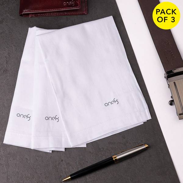 one8 By Virat Kohli Men's Premium Cotton Anti-Bacterial Handkerchief ( Set of 3) ["White x 3"] Handkerchief