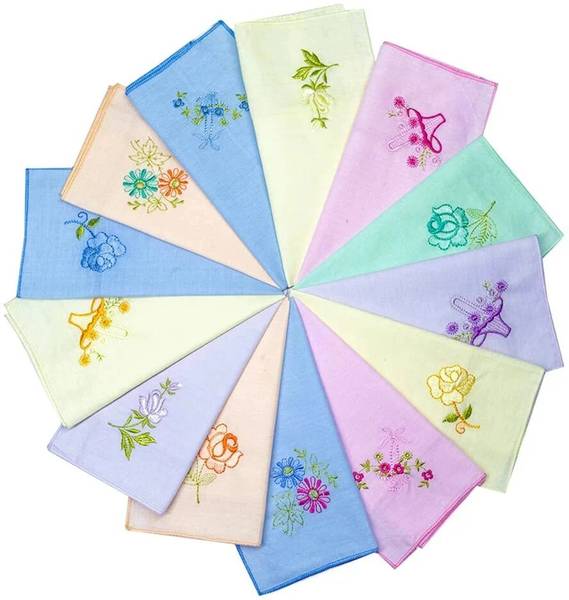 Cotton Square Women's Soft Cotton Color Hankies with Floral Embroidery for Women (Size 13*13) [