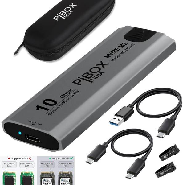 pibox india M2-312-NE NVME M2 SSD Enclosure- USB 3.2 10Gbps, Tool-Free M.2 Case, PCI-E NVMe Reader, USB-C, M & B&M Keys, 2230/2242/2260/2280 SSDs, REA...