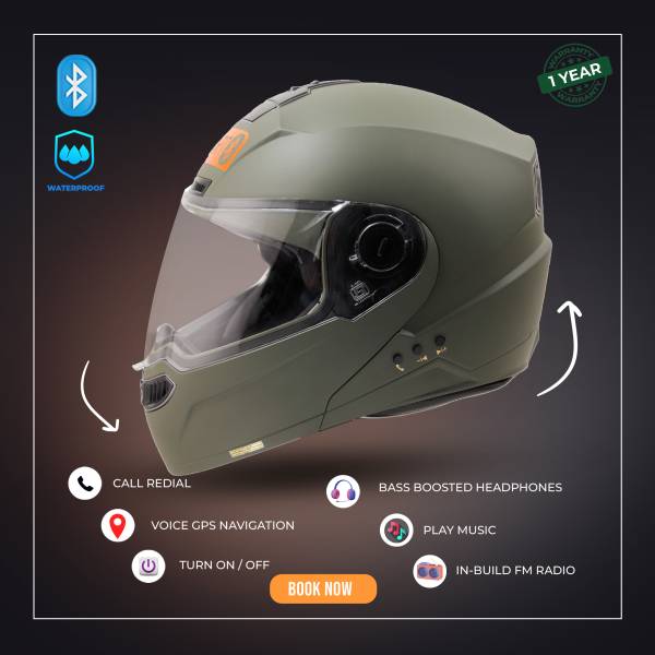 Smart BT SBA-7 ISI Certified Mat Battle GRN Smart Bluetooth Helmet Motorbike Helmet