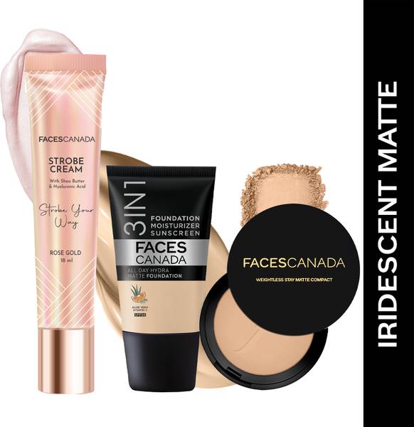 FACES CANADA Strobe Cream (18ml) + Compact Powder (9gm) +Hydra Matte Foundation (18ml) |Glowy Highlighter