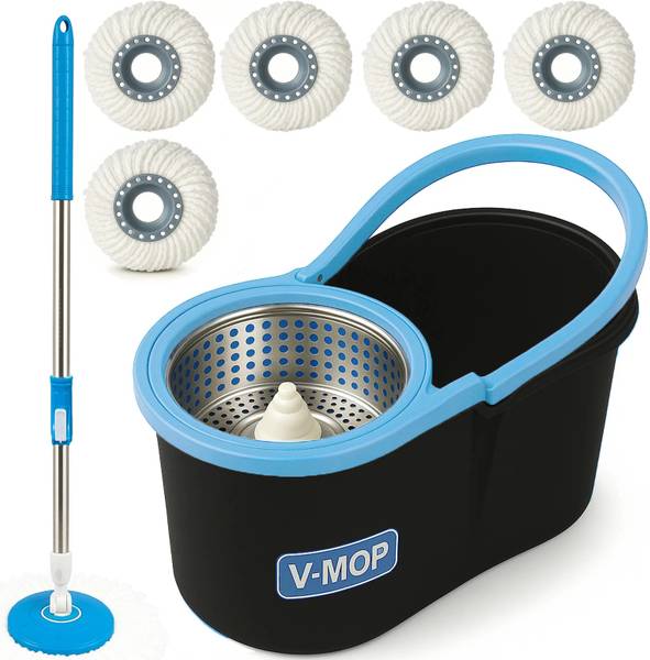 THUNDER FIT START FRESH MOP BUCKET - BLACK STEEL SPIN MOP WITH 5 REFILLS FOR ALL CLEANING FLOORS Bucket, Cleaning Wipe, Dustbin, Mop, Mop Set