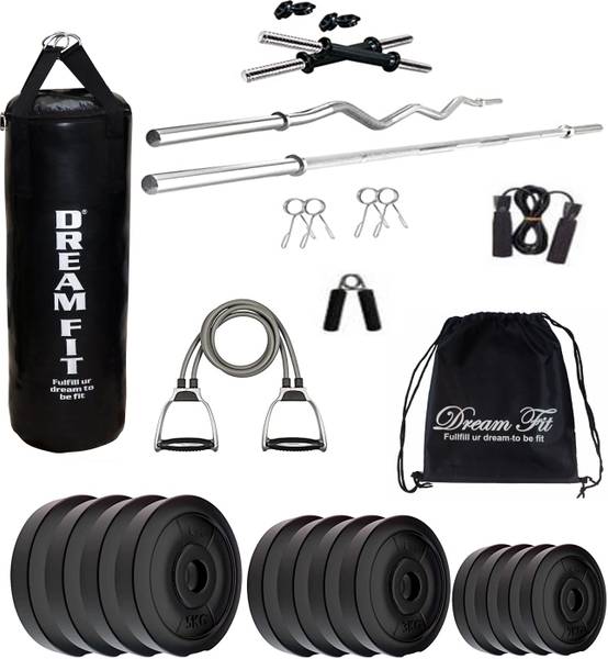 DreamFit 40 kg 40 Kg Home Gym Set with 3 Ft Curl & 5 Ft plain Rod , Unfilled Punching Bag Home Gym Combo