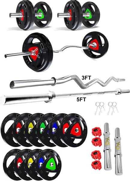 YMD 30 kg Metal Integrated Rubber Plates (2.5KGx4Pc + 5KGX4PC) 3FT Curl 5FT STRT 28MM Rod Home Gym Combo