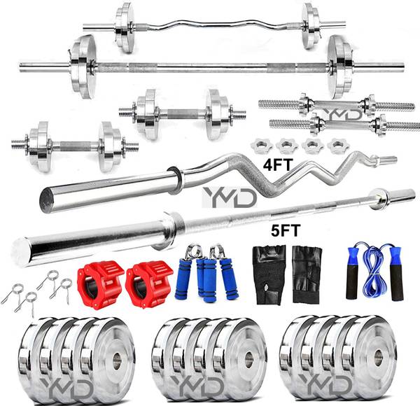 YMD 50 kg Steel Plates 2.5KGX2,5KGX2,7.5KGX2,10KGX2 4FT Curl & 5FT STRT28mm Rod WIth Clamp Home Gym Combo