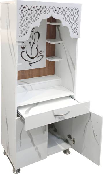 Old Wolf Furniture White & Cyprus Medium Color Mandir Temple With Decorative LED Light Engineered Wood Home Temple