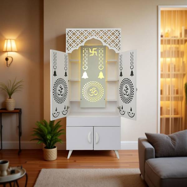 Matterhorn Pooja Mandir | LED Backlit Large Size Temple with Storage for Home & Office Engineered Wood Home Temple