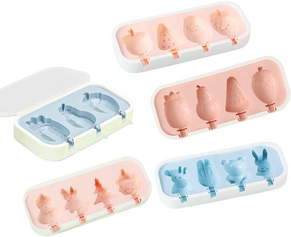 Tlismi Cute Cartoon Theme Shapes Silicone Ice Cream Molds Non-Stick Popsicle Moulds Multicolor Silicone Ice Ball Tray