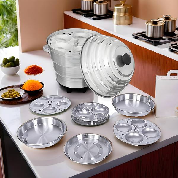 HOMESTIC Aluminium Idli Maker Cooker with 4 Plates+ 3 Plates Steamers|Silver Induction & Standard Idli Maker