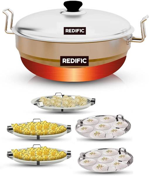 Redific Stainless Steel Multi KaAdhai/Kadai Streamer with stainless steel lid, 2 idli plates, 2 dhokla plates and 1 patra plate (Gas Stove and Inducti...