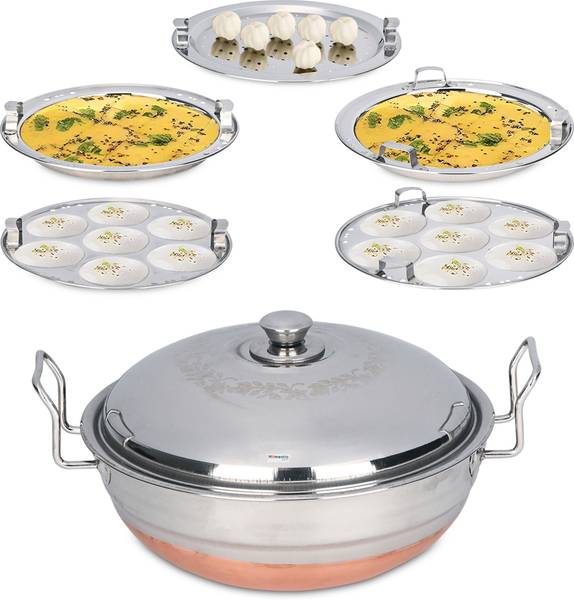 HOMESTIC Idli Steamer Steel with Copper Base | Idly Pot with Lid & Handles | Silver Standard Idli Maker
