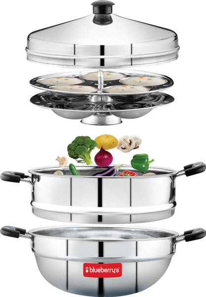 BlueBerry's 2 Tier Stainless Steel 2 Plate Idly Cooker with Steamer and Stand Lifter Induction & Standard Idli Maker
