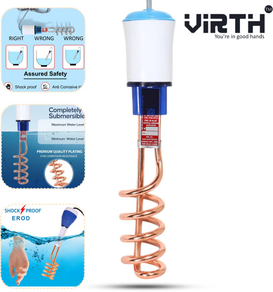 VIRTH Water Heater shock proof body | Heavy copper element 1500 W Shock Proof Immersion Heater Rod