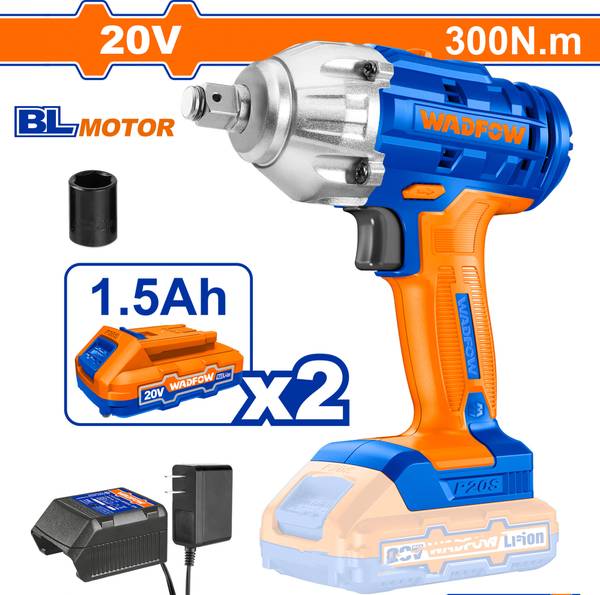 Wadfow 20V Cordless Brushless Impact Wrench, 2300rpm-300N.m, 2 Batteries 1 Charger, Cordless Impact Wrench