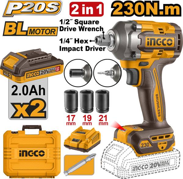 INGCO 2-IN-1 Cordless Impact Driver & Wrench, 3-Speed, with 2pcs Batteries, a Charger, Cordless Impact Wrench