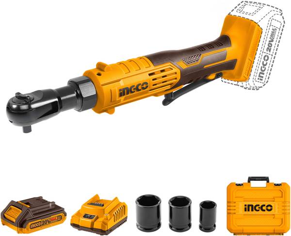 INGCO Cordless Ratchet Wrench, 3/8" Electric Drive Ratchet with a Battery 3 Sockets Cordless Impact Wrench