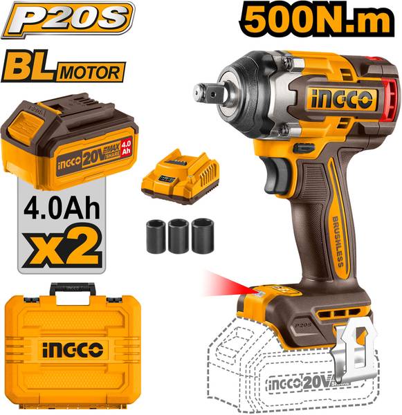 INGCO 20V Brushless Cordless Impact Wrench 500Nm 3 Speed 3300bpm, 2pcs 4.0Ah Batteries Cordless Impact Wrench