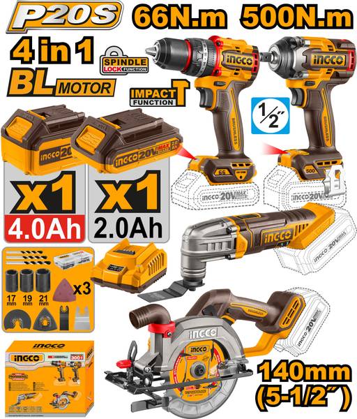 INGCO Cordless 4 pcs combo-Impact Drill 66NM+ circular saw 140mm+ multitool+ 500NM Cordless Impact Wrench