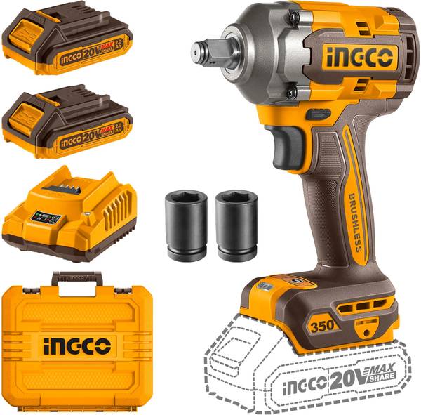 INGCO 20V Brushless Cordless Impact Wrench 350Nm with 2 Batteries and Charger Cordless Impact Wrench