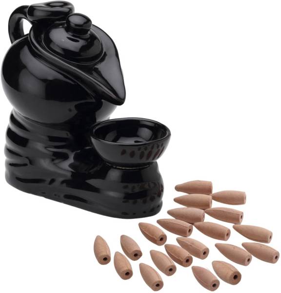 SriMaa Ventures Black Kettle Smoke Fountain with 10 Incense Cones Ideal for Puja Room, Decor Polyresin Incense Holder