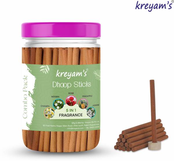 Kreyam's 5 IN 1 Dhoop Sticks for Pooja, Meditation, and Daily Use Champa, Mogra, Rose, Pineapple, Jasmine