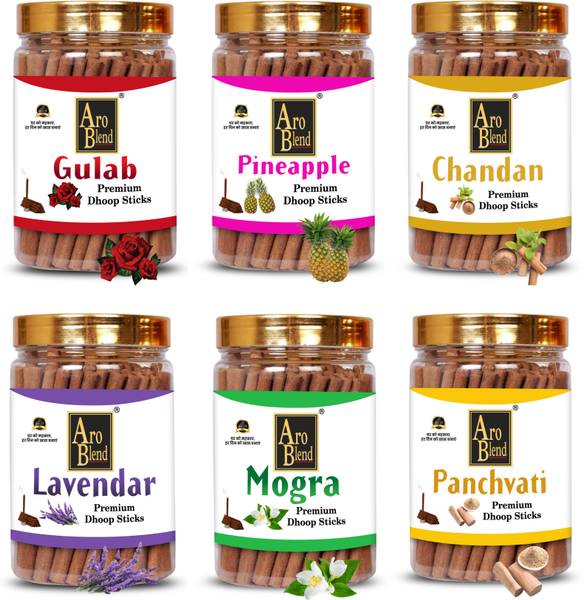 Aroblend PREMIUM GULAB, MOGRA, CHANDAN, PANCHVATI, PINEAPPLE & LAVENDER DRY DHOOP INCENSE STICKS COMBO PACK OF 6 JAR FOR ROOM FRESHNESS, & YOGA MEDITA...