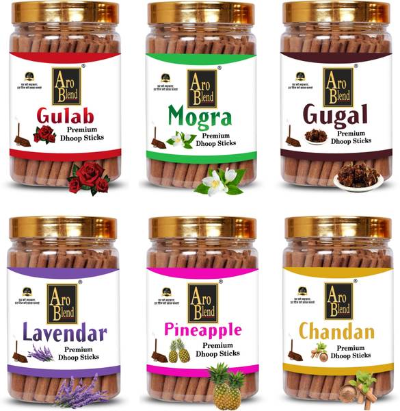 Aroblend PREMIUM GULAB, MOGRA, CHANDAN, PINEAPPLE, LAVENDER & GUGAL DRY DHOOP INCENSE STICKS COMBO PACK OF 6 JAR FOR ROOM FRESHNESS, & YOGA MEDITATION