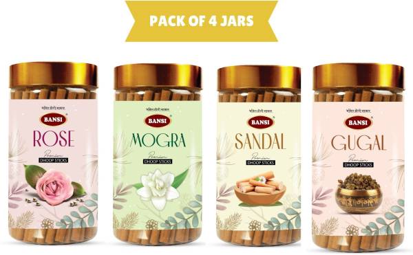 BANSI SIGNATURE ROSE,MOGRA,SANDAL & GUGAL PREMIUM DRY DHOOP STICKS Gulab, Chandan, Mogra, Guggal