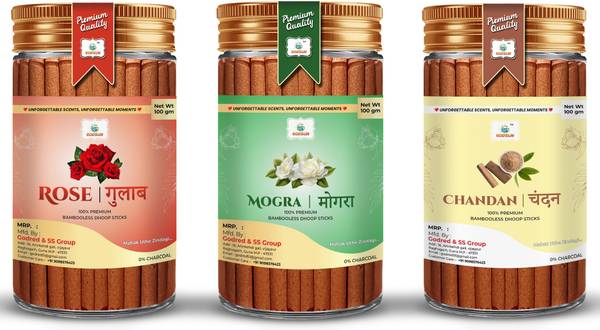 GODSUN Rose, Mogra, Chandan Dry Dhoop Sticks Jar (3100)300gm. No Bamboo No Charcoal Dhoop batti