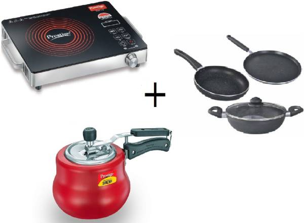 Prestige Granite Cookware 4 Peice Set And 3Litre Nakshatra Red Cooker With 2200 W Radiant Cooktop