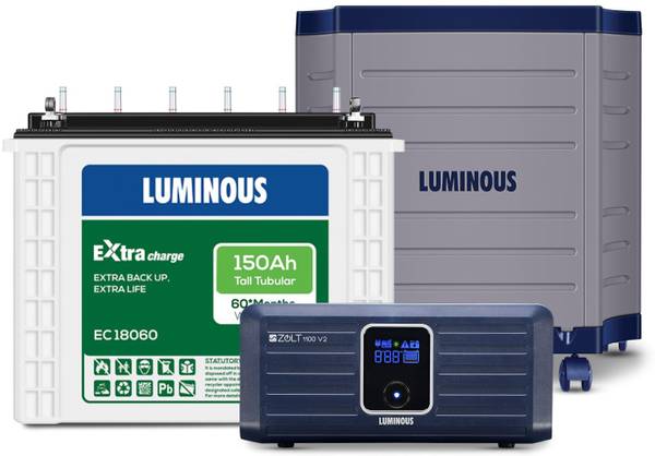 LUMINOUS Zolt 1100 Pure Sine Wave 900VA/12V Inverter with EC 18060 & Trolley Tubular Inverter Battery