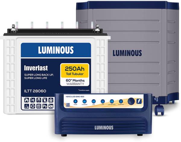 LUMINOUS Hercules 1500 Pure Sine Wave 1400VA/12V Inverter with ILTT 28060 & Trolley Tubular Inverter Battery