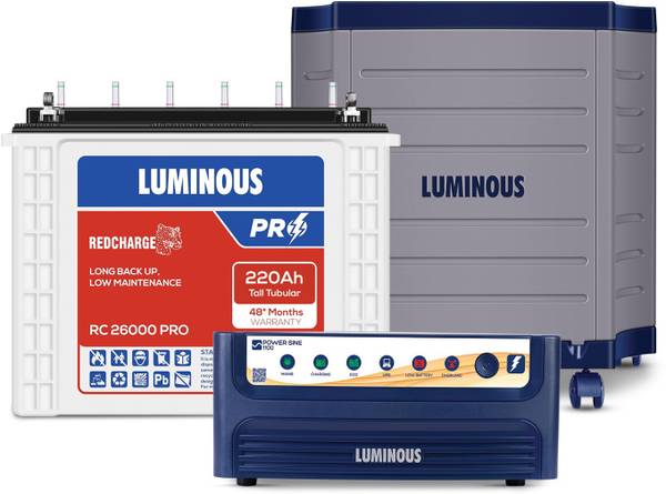 LUMINOUS Power Sine 1100 Pure Sine Wave 900VA/12V Inverter with RC 26000 PRO & Trolley Tubular Inverter Battery