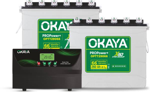 OKAYA Inverter and 2 Battery Combo, ATSW3050 2500VA Inverter & OPTT29066 260Ah Tall Tubular Inverter Battery