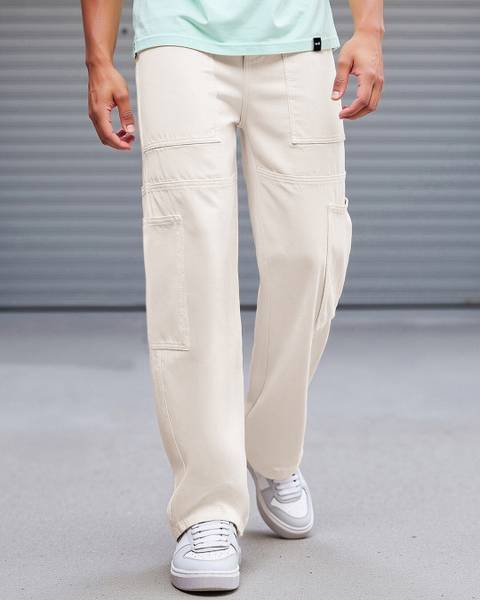 BEWAKOOF Men's Beige Baggy Cargo Carpenter Loose Fit Men Beige Jeans